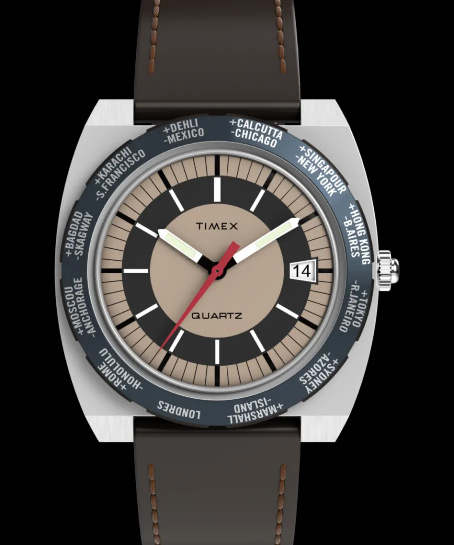 Timex Leather|Father's Day Gifts*Q ® 1972 World Time 39mm Leather Strap Watch