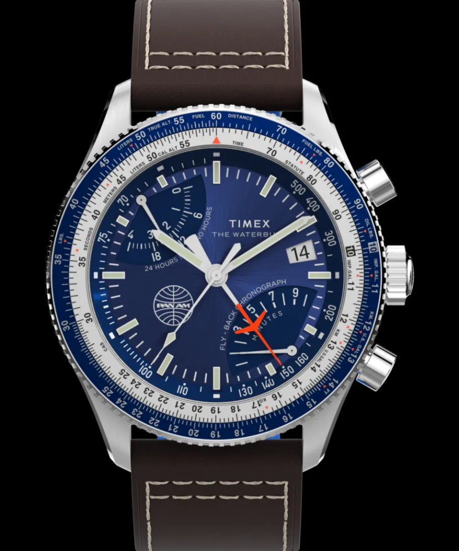 Timex Leather|Chronograph*Fly Back Chronograph x Pan Am® 43mm Leather Strap Watch