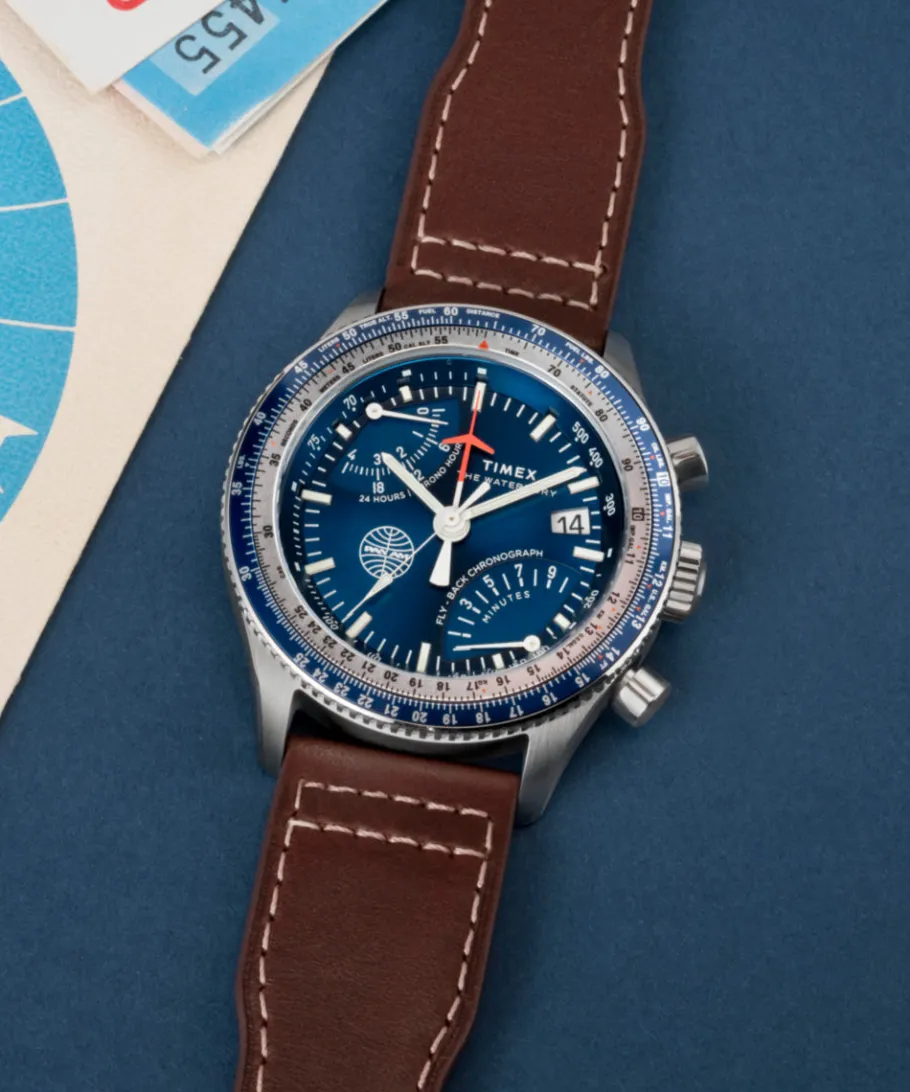 Timex Leather|Chronograph*Fly Back Chronograph x Pan Am® 43mm Leather Strap Watch