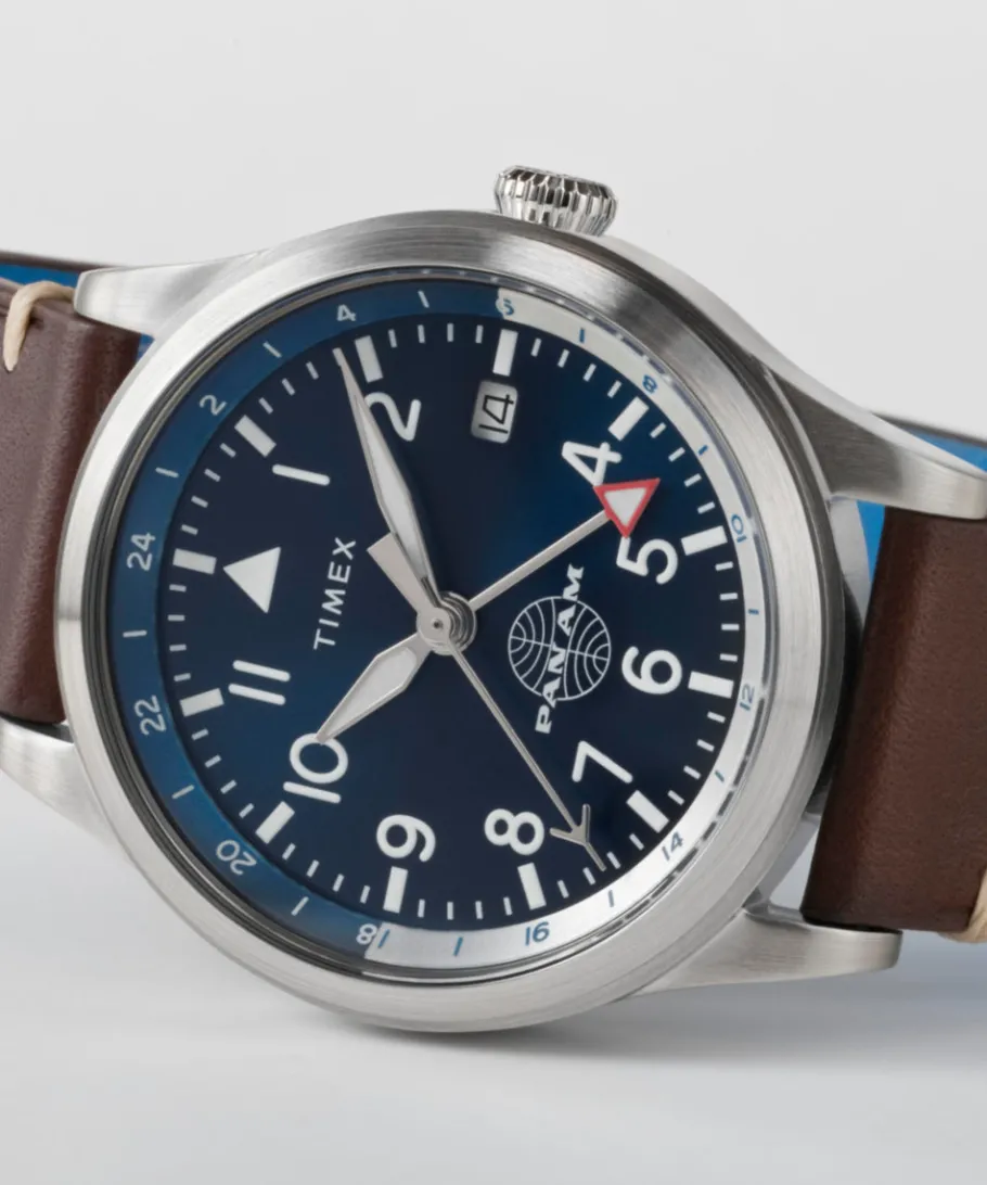 Timex Leather|Father's Day Gifts*Waterbury GMT x Pan Am® 39mm Leather Strap Watch