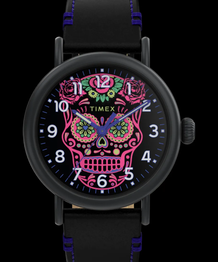 Timex Leather|Black Watches*Waterbury Standard Dia de los Muertos 40mm Leather Strap Watch