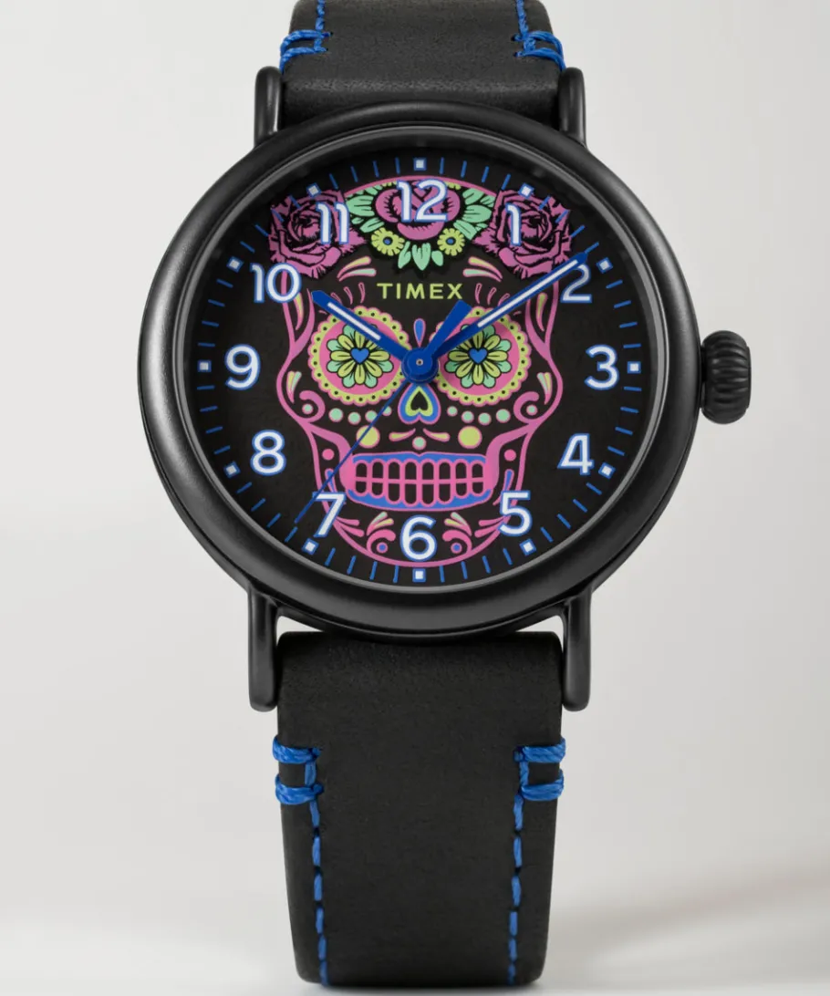 Timex Leather|Black Watches*Waterbury Standard Dia de los Muertos 40mm Leather Strap Watch