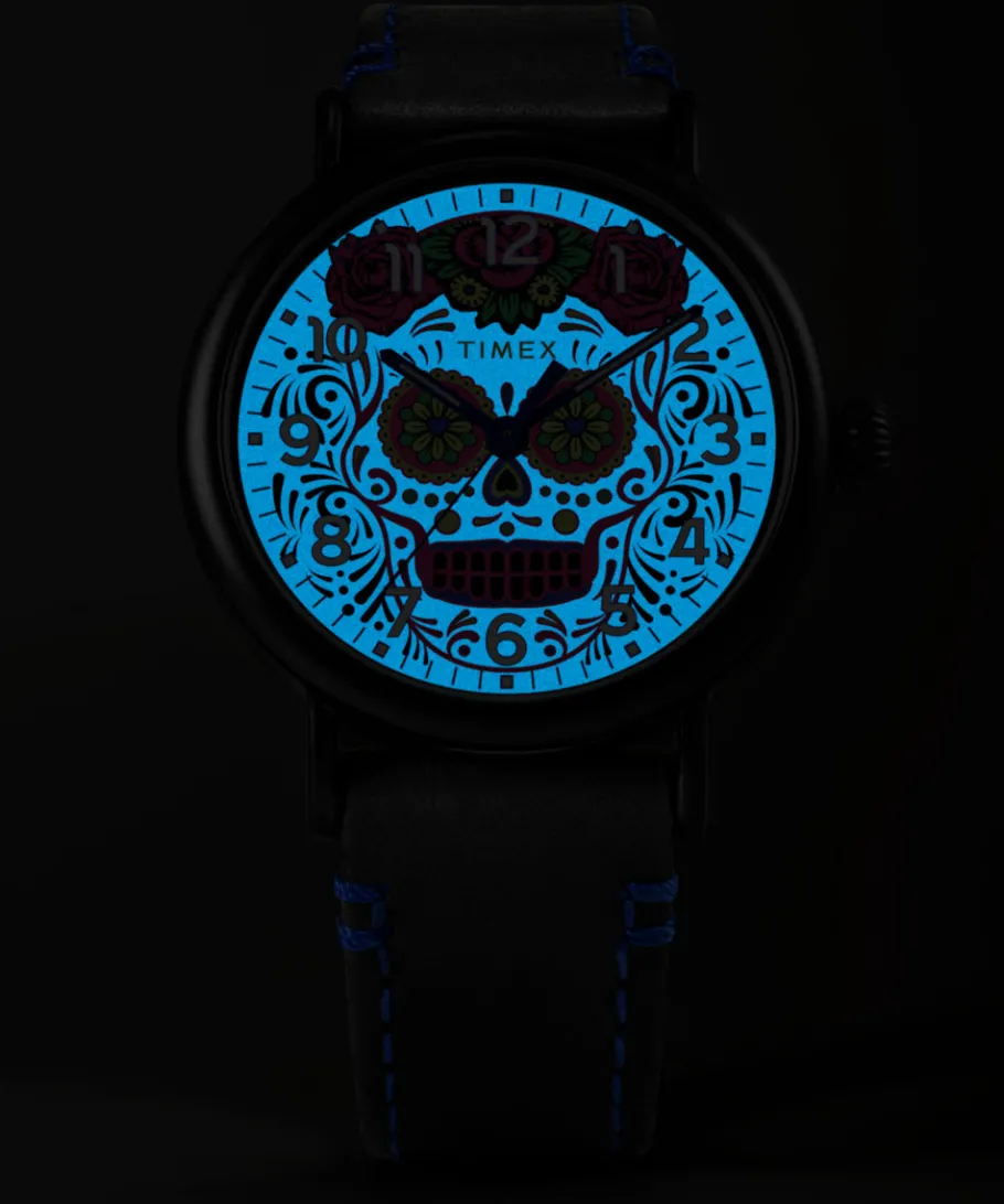 Timex Leather|Black Watches*Waterbury Standard Dia de los Muertos 40mm Leather Strap Watch