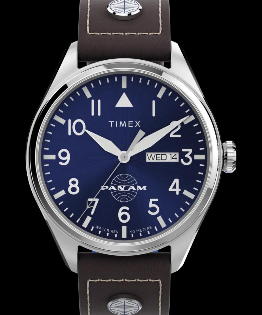 Timex Leather|Father's Day Gifts*X Pan Am Day-Date 42mm Leather Strap Watch