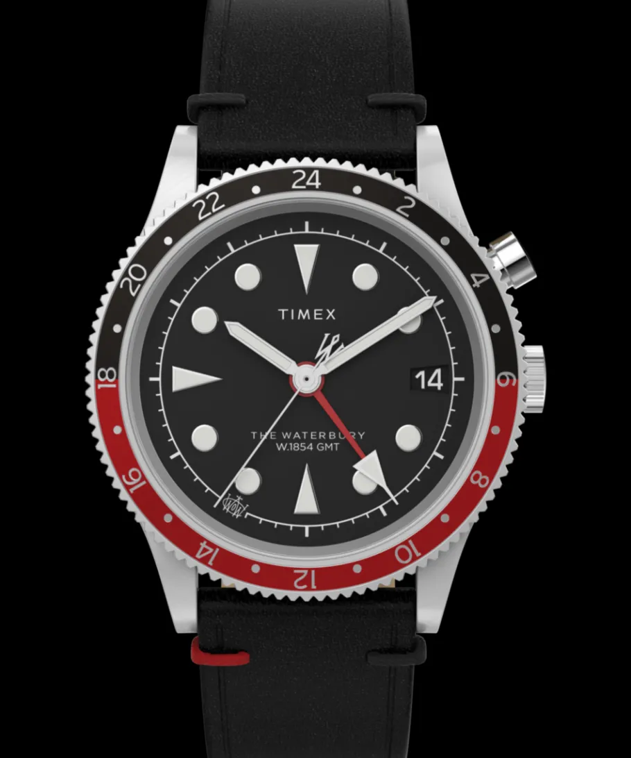 Timex Leather|Black Watches*Waterbury Traditional GMT 39mm Leather Strap Watch